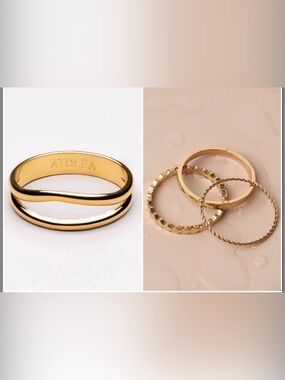 Gold Stackable Women’s Ring Set – Three Textured Bands AND Double Ring